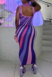 Purple Casual Print Backless O Neck Long Dress Dresses