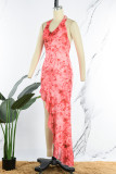 Red Sexy Print Patchwork Stringy Selvedge Halter One Step Skirt Dresses