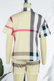 Khaki Casual Print Patchwork Buckle Turndown Collar Short Sleeve Two Pieces