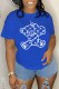 Blue Casual Print Patchwork Letter O Neck T-Shirts