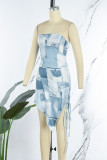 Blue Sexy Print Patchwork Draw String Asymmetrical Strapless Irregular Dress Dresses