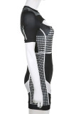 Black Sexy Print Hollowed Out Patchwork Zipper O Neck Skinny Rompers