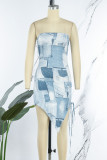 Blue Sexy Print Patchwork Draw String Asymmetrical Strapless Irregular Dress Dresses
