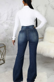 Deep Blue Casual Solid Patchwork High Waist Denim Jeans