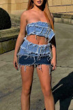 Blue Sexy Street Solid Make Old Patchwork Strapless Sleeveless Two Pieces
