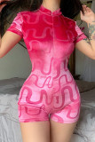 Red Casual Street Solid Patchwork Zipper Collar Skinny Rompers