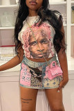 Pink Casual Street Print Patchwork O Neck T-Shirts