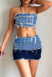 Blue Sexy Street Solid Make Old Patchwork Strapless Sleeveless Two Pieces