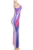 Purple Casual Print Backless O Neck Long Dress Dresses
