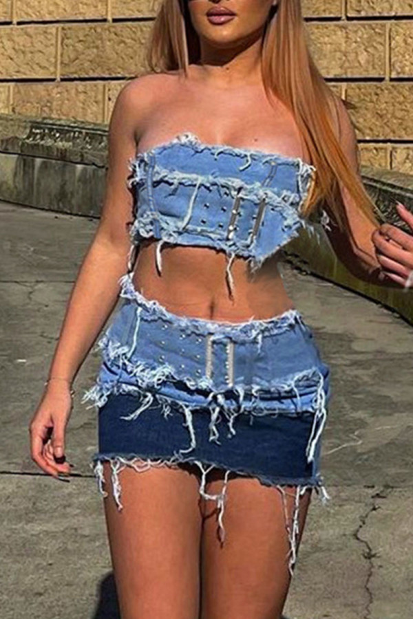 Blue Sexy Street Solid Make Old Patchwork Strapless Sleeveless Two Pieces