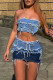Blue Sexy Street Solid Make Old Patchwork Strapless Sleeveless Two Pieces
