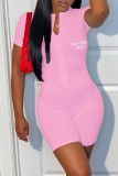 Red Street Print Letter Zipper Collar Rompers