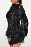 Silver Casual Patchwork Tassel Sequins V Neck Long Sleeve Dresses