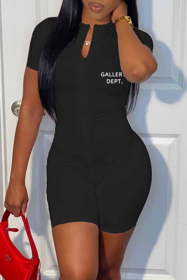 Black Street Print Letter Zipper Collar Rompers
