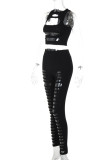 Brownness Sexy Solid Hollowed Out Patchwork O Neck Sleeveless Two Pieces