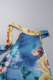 Blue Sexy Print Patchwork Backless Halter One Step Skirt Dresses