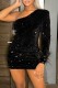Black Sexy Patchwork Sequins Backless Oblique Collar One Step Skirt Dresses