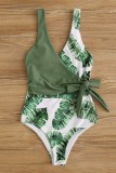 Green Sexy Print Patchwork Frenulum V Neck Plus Size Swimwear (With Paddings)