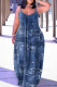Navy Blue Sexy Casual Print Backless Spaghetti Strap Long Dress Dresses