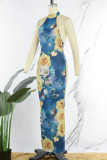 Blue Sexy Print Patchwork Backless Halter One Step Skirt Dresses