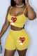 Yellow Street Print Patchwork Spaghetti Strap Sleeveless Two Pieces