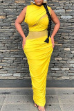 Yellow Sexy Solid Patchwork Fold O Neck Pencil Skirt Dresses