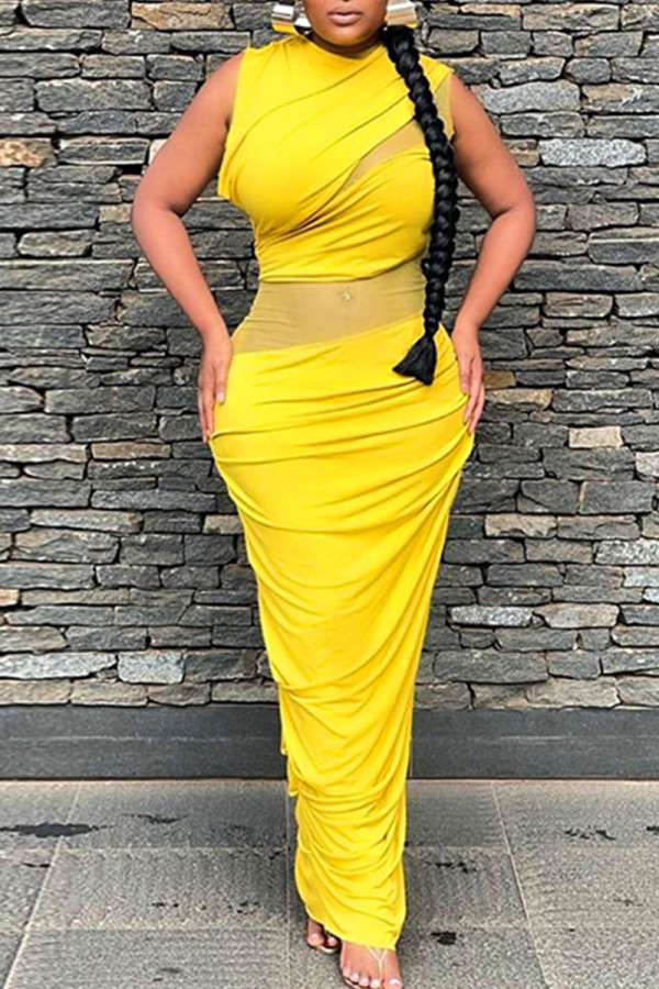 Yellow Sexy Solid Patchwork Fold O Neck Pencil Skirt Dresses
