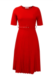 Red Casual Print Fold O Neck Waist Skirt Dresses