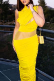 Yellow Sexy Solid Patchwork Fold O Neck Pencil Skirt Dresses