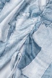Blue Sexy Print Patchwork Draw String Asymmetrical Strapless Irregular Dress Dresses