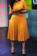 Yellow Casual Print Fold O Neck Waist Skirt Dresses