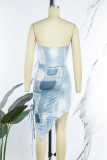 Blue Sexy Print Patchwork Draw String Asymmetrical Strapless Irregular Dress Dresses
