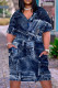 Dark Blue Casual Print Patchwork V Neck Short Sleeve Dress