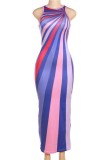 Purple Casual Print Backless O Neck Long Dress Dresses