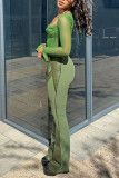 Green Sexy Street Solid Patchwork See-through Mid Waist Speaker Patchwork Bottoms