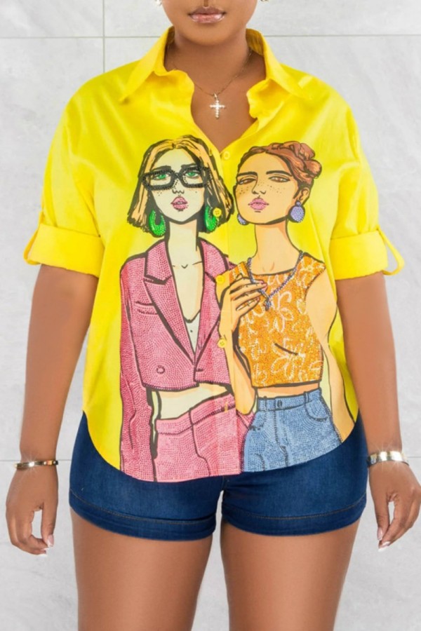 Yellow Casual Print Basic Shirt Collar Tops