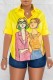 Yellow Casual Print Basic Shirt Collar Tops