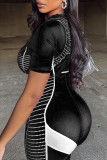 Black Sexy Print Hollowed Out Patchwork Zipper O Neck Skinny Rompers