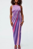 Purple Casual Print Backless O Neck Long Dress Dresses