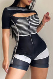 Black Sexy Print Hollowed Out Patchwork Zipper O Neck Skinny Rompers
