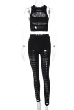 Brownness Sexy Solid Hollowed Out Patchwork O Neck Sleeveless Two Pieces
