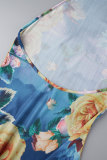 Blue Sexy Print Patchwork Backless Halter One Step Skirt Dresses