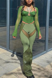 Green Sexy Street Solid Patchwork See-through Mid Waist Speaker Patchwork Bottoms