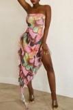 Pink Sexy Print Backless Strapless Irregular Dress Dresses