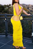 Yellow Sexy Solid Patchwork Fold O Neck Pencil Skirt Dresses