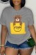 Grey Casual Print Letter O Neck T-Shirts