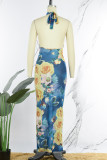 Blue Sexy Print Patchwork Backless Halter One Step Skirt Dresses