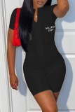 Red Street Print Letter Zipper Collar Rompers