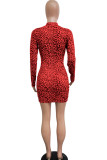Red Milk. Europe and America Cap Sleeve Long Sleeves O neck Pencil Dress skirt Print Patchwork 