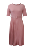 Pink Casual Print Fold O Neck Waist Skirt Dresses